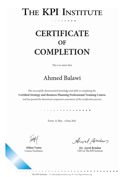 KPI Institute Completion Certificate